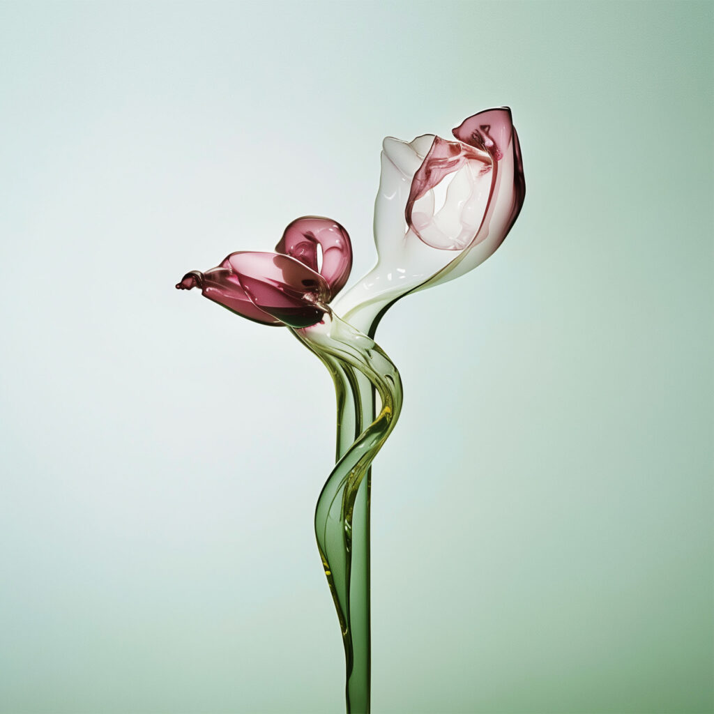 Fotografia artistica di due fiori in vetro, realizzata con tecniche fotografiche tradizionali e intelligenza artificiale, offerta come servizio per aziende.