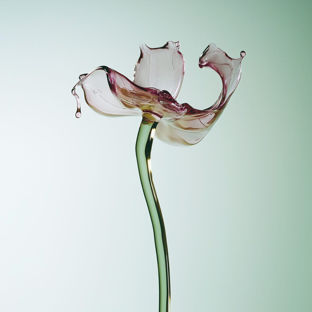 Fotografia artistica di due fiori in vetro, realizzata con tecniche fotografiche tradizionali e intelligenza artificiale, offerta come servizio per aziende.